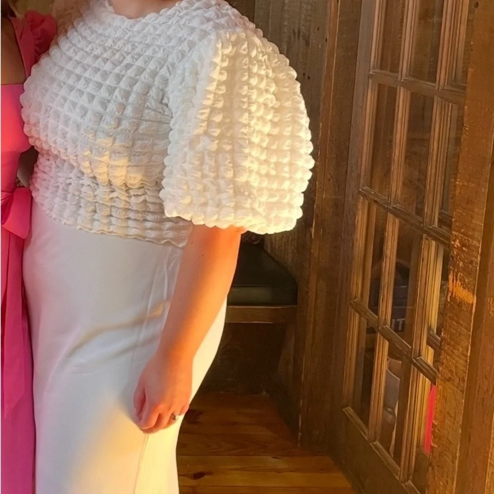 Anthropologie White Textured Bubble-Sleeve Top